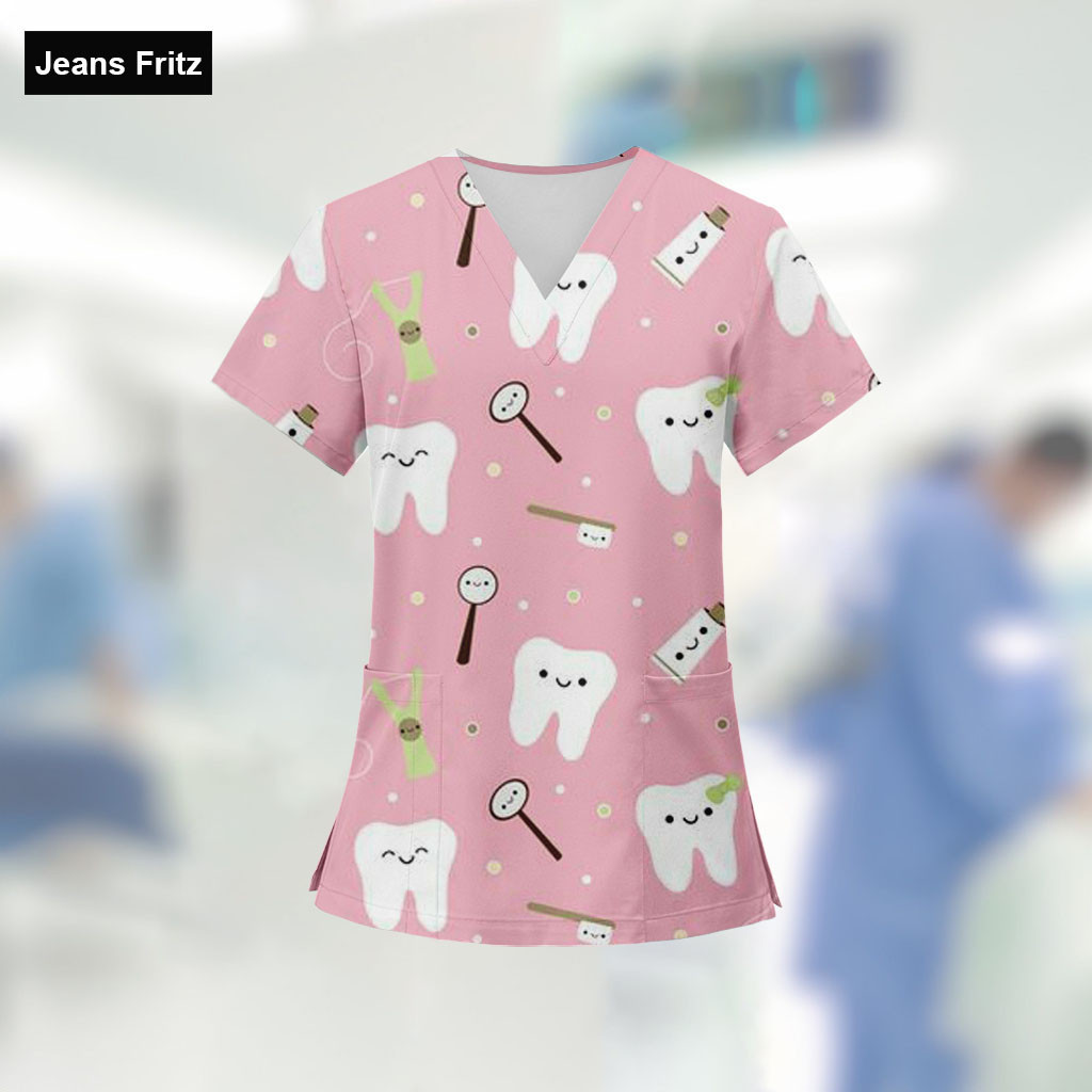 พร้อมสต็อก คุณภาพสูงหมอ/พยาบาลชุดสีชมพูน่ารักการ์ตูนพิมพ์ล้างเสื้อผ้าซักมือเสื้อผ้าทันตกรรมสุภาพสตรีคอวีสบายแขนสั้นเสื้อยืดชุดผ่าตัดเส