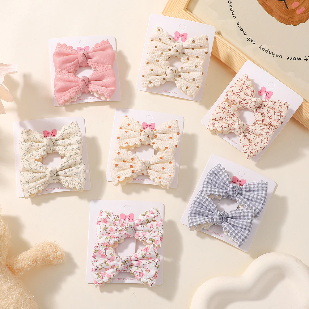 2 ชิ้น/เซ็ตน่ารักผ้าฝ้ายลายสก๊อตดอกไม้พิมพ์โบว์คลิปผมเด็กทารกฤดูร้อน Bowknot Hairgrips Barrettes Headwear อุปกรณ์เสริมผม