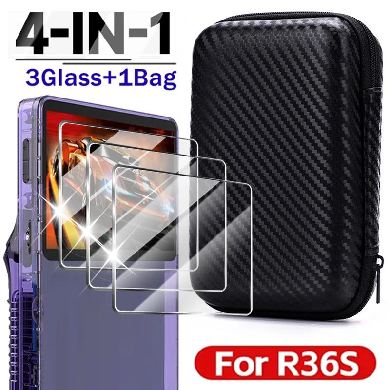 4 IN 1 กรณี + แก้วสําหรับ R36S เกมคอนโซลกระเป๋าเดินทางและป้องกันหน้าจอกระจกนิรภัยฟิล์มสําหรับ R36S อุปกรณ์เสริม