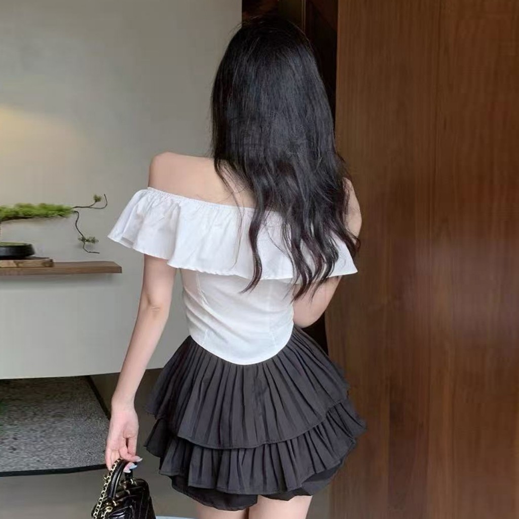 เสื้อครอปฝรั่งเศสเปิดไหล่พร้อมกระโปรง - รูปที่ 2