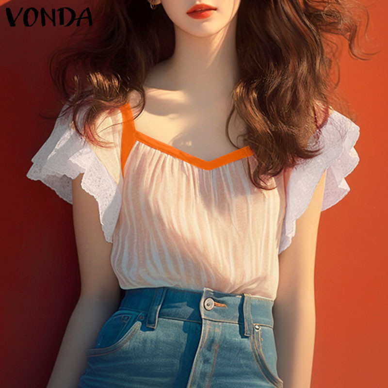 Vonda เสื้อลําลองคอวีแขนสั้นเกาหลีสําหรับผู้หญิง - รูปที่ 3