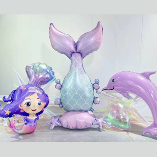 ลูกโป่งฟอยล์หางปลา หางนางเงือก ลูกโป่งนางเงือก แบบมีฐานตั้งไ…