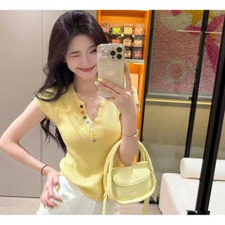 สีสันปุ่ม V คอเสื้อกันหนาวผู้หญิงฤดูร้อน Age-Reduction แฟชั่น Chic Slimmer ดูสั้น-