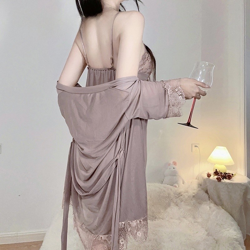 Sexy Girl🍂🍂ชุดเซ็กซี่ ชุดนอนลูกไม้เซ็กซี่💫กระโปรง + เสื้อคลุม💞 การตกแต่งโบว์ สวมใส่สบาย. รูปที่ 5