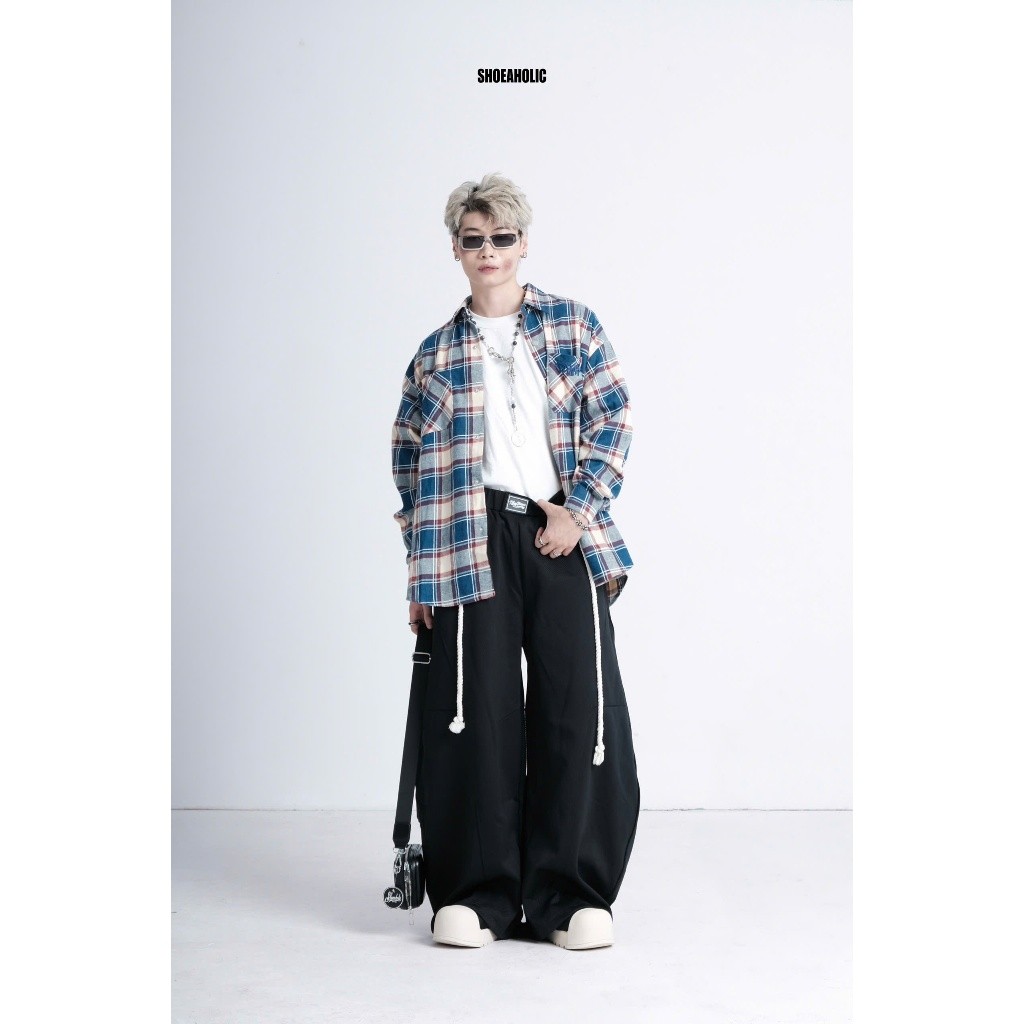 (URBAN HEAT) OVERSIZE STREETSTYLE BLUE LONG-Sleeve FLANNELS SHIRT