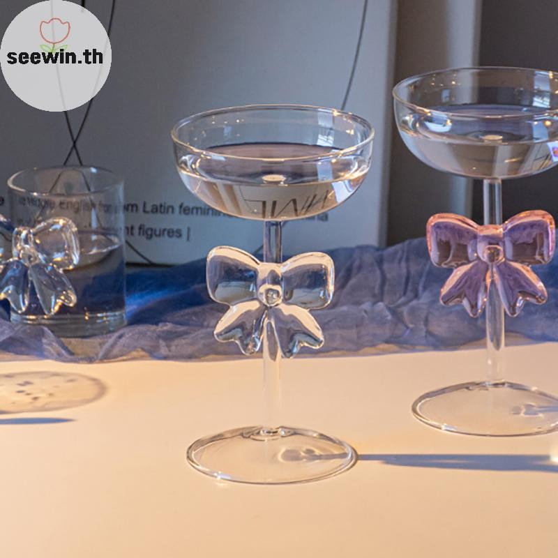 Seewin Elegant โปร่งใสสีชมพู Bowknot แชมเปญ Cutes แก้วน้ํา 300ml 10oz น่ารัก Bowknot ถ้วยแก้วสําหรับวันวาเลนไทน์ th