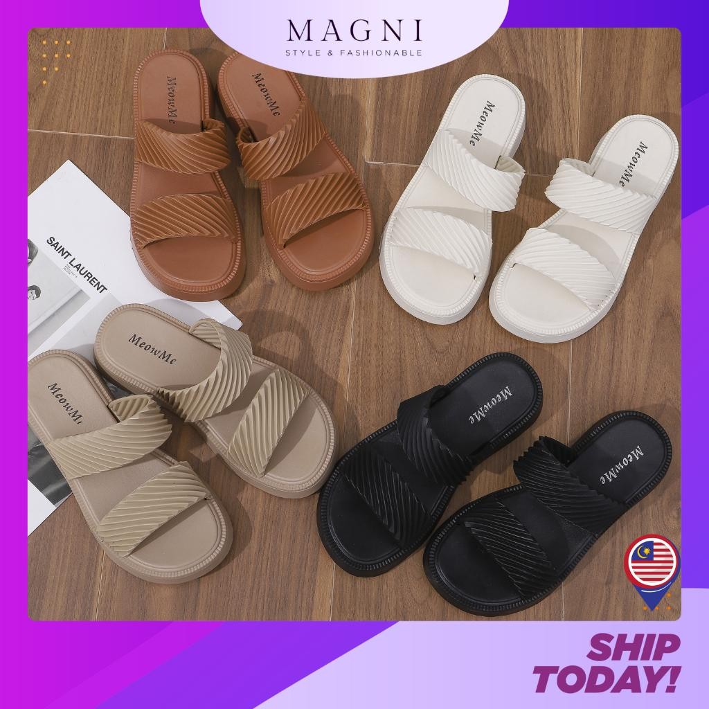 MAGNI ผู้หญิงรองเท้าแตะแบนรองเท้าแตะคู่สายรัด Think Sole รองเท้าผู้หญิง Kasut Wanita Lava Casual 504