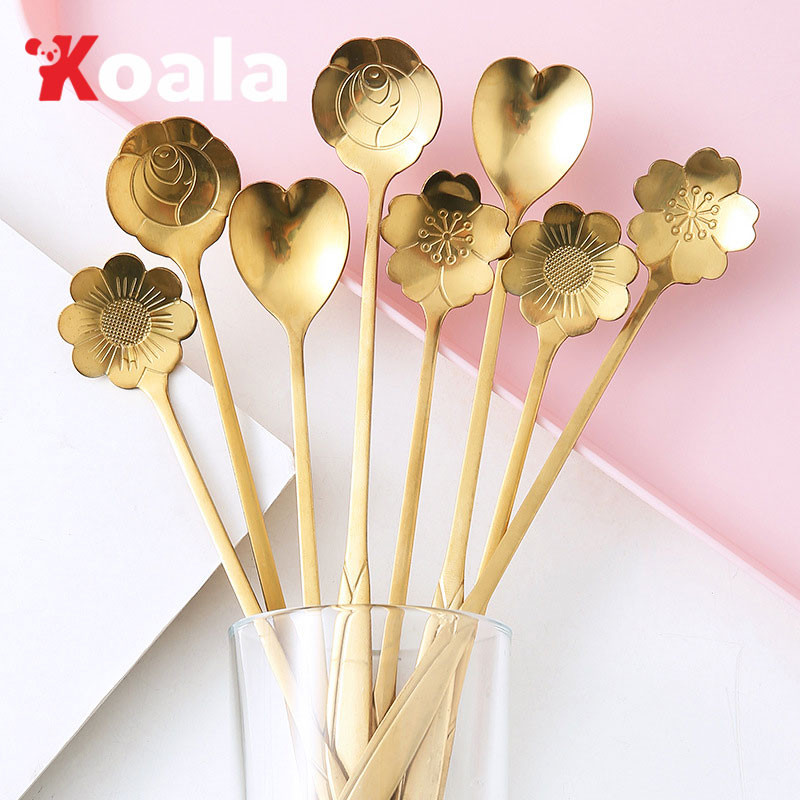KOALA 12/17.8cm รูปทรงดอกไม้ต่างๆ สีทองกับสีเงิน ช้อนสแตนเลส ช้อนกาแฟ