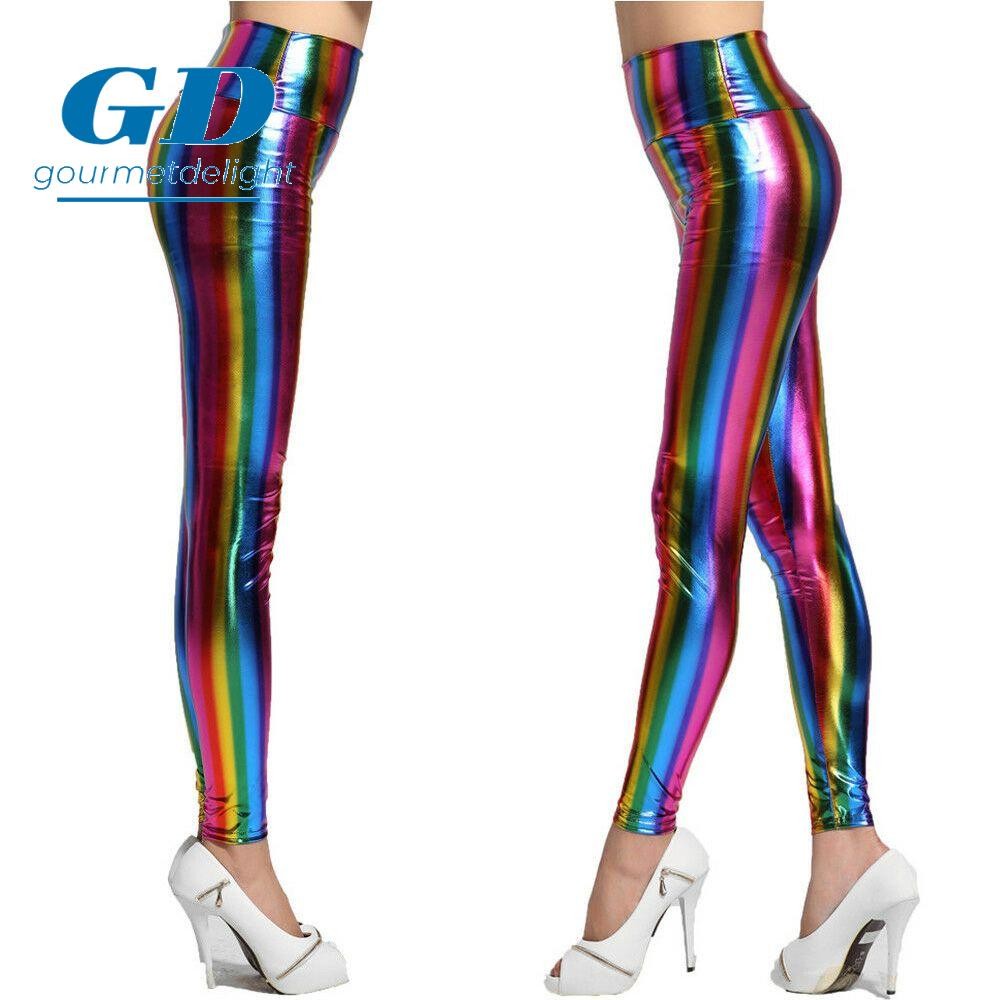 GOURMETDELIGHT Rainbow Pants กางเกงแฟชั่น Stripe Disco Costume Leggings