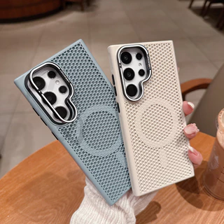 ที่ยึดเลนส์ล่องหนแม่เหล็กโลหะผสมหรูหรา เคสระบายความร้อนแบบตาข่ายสำหรับ Samsung Galaxy S25 Ultra Plus S24 S23 Ultra Plus ปกแข็งกันกระแทก