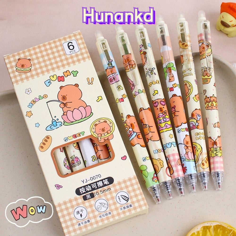 HUNAN 6 ชิ้น/ล็อตกดปากกาลบได้, 0.5 มม.การ์ตูน Capybara ปากกาเจล, Quick-drying Blue Pen โรงเรียนสํานักงานเขียนเครื่องเขียน