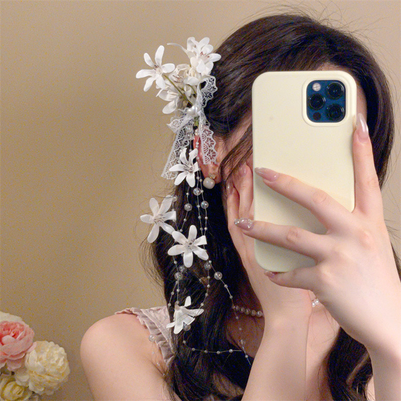 สุด ๆ ethereal กิ๊บติดผมลูกไม้ฝอยสําหรับผู้หญิงเครื่องประดับผมลายดอกไม้สีขาว