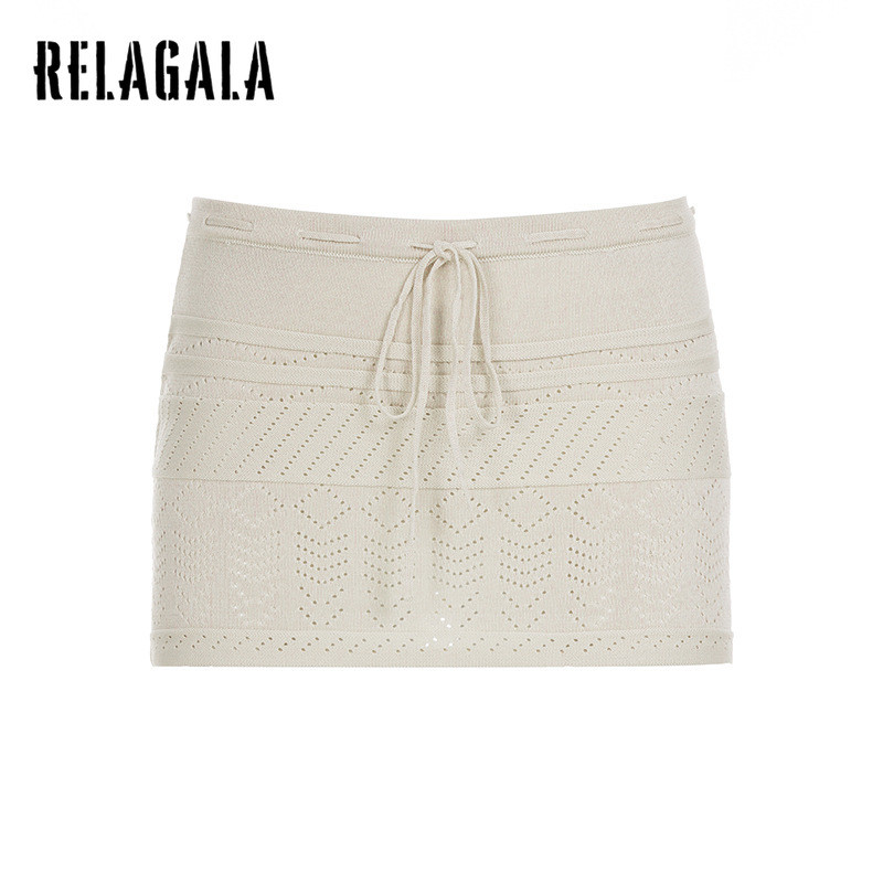 RELAGALA กระโปรงมินิ Hollow Casual สำหรับผู้หญิง สีทึบ ปี 2025