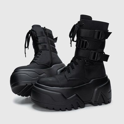 รองเท้าบูทแนวทหาร พื้นหนาสูงมาก 9 ซม เหมาะสำหรับงานคอสเพลย์ เดินแบบ เดินแฟชั่นโชว์  ความยาวระดับกลาง