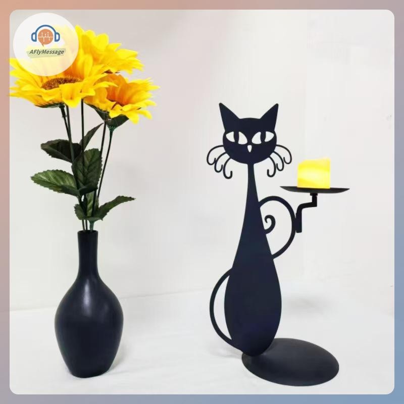AFl สีดําแมวเชิงเทียนสําหรับเสาเทียน Led เทียน Flameless Retro Rustic Farmhouse บ้านโลหะ Cat Decor เ