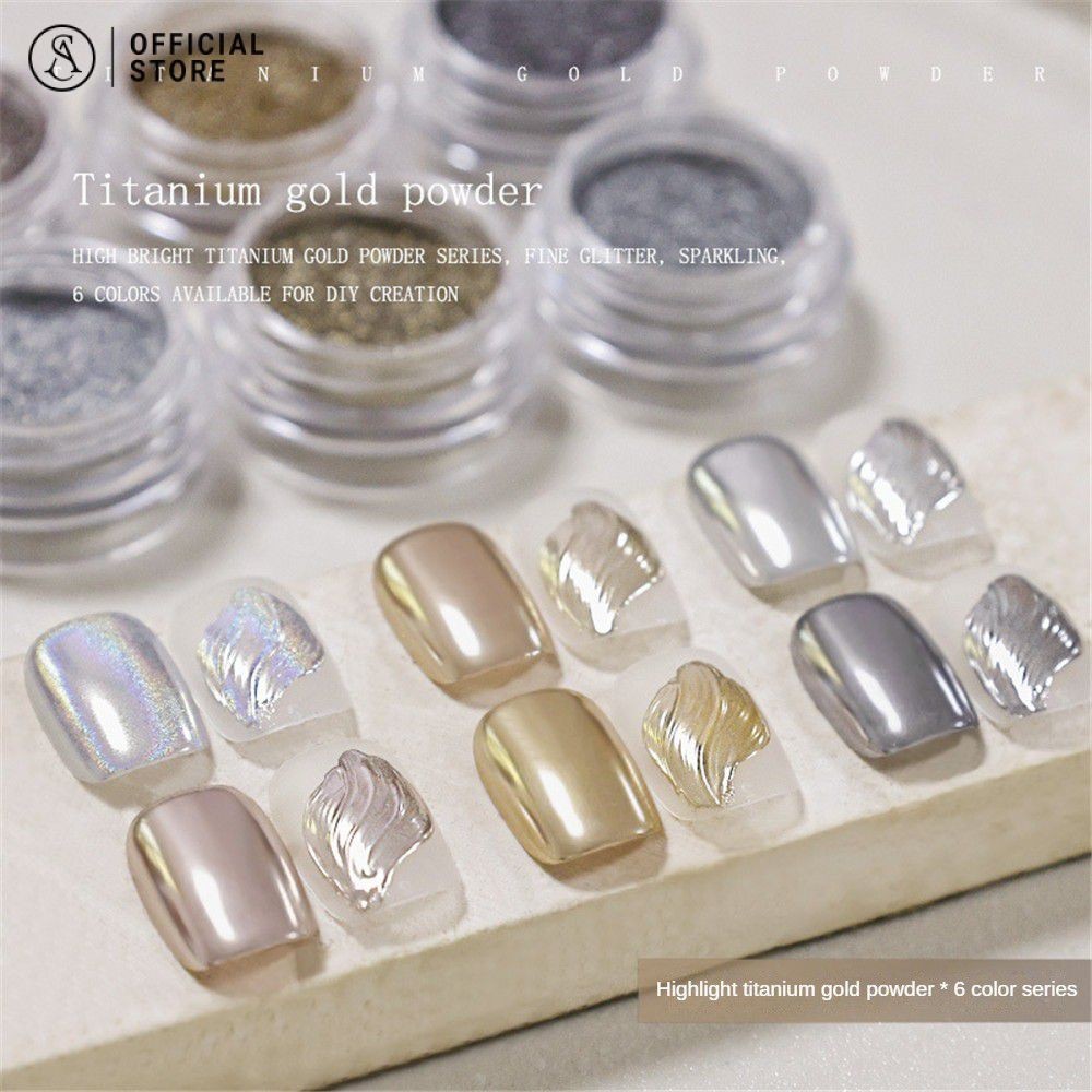 6 สี ไฮไลท์ ไทเทเนียม ทาเล็บ แป้ง แป้งกระจกเมจิกเล็บ ผงเล็บโลหะชุบด้วยไฟฟ้า