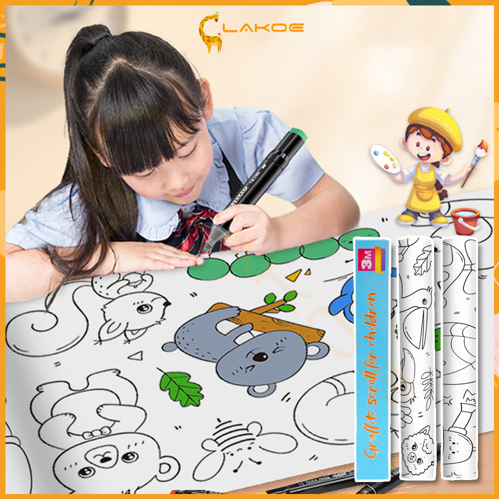 LAKOE ม้วนกระดาษระบายสียาว กระดาษระบายสีแผ่นใหญ่ 3เมตร โปสเตอร์ระบายสียักษ์ ลวดลายน่ารัก