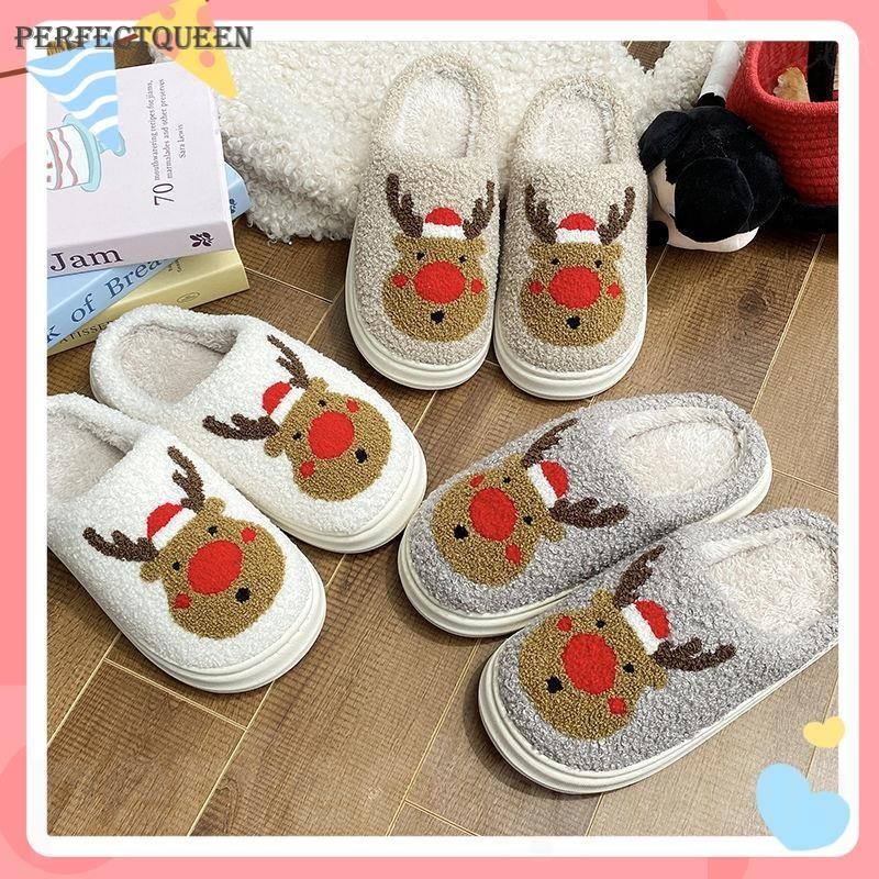 36-45 ขนาดสไตล์ใหม่คริสต์มาส กวางเอลก์ รองเท้าแตะผ้าฝ้ายผู้ชายผู้หญิงฤดูใบไม้ร่วงฤดูหนาวการ์ตูนบ้านลื่นคู่ในร่มตุ๊กตารอง