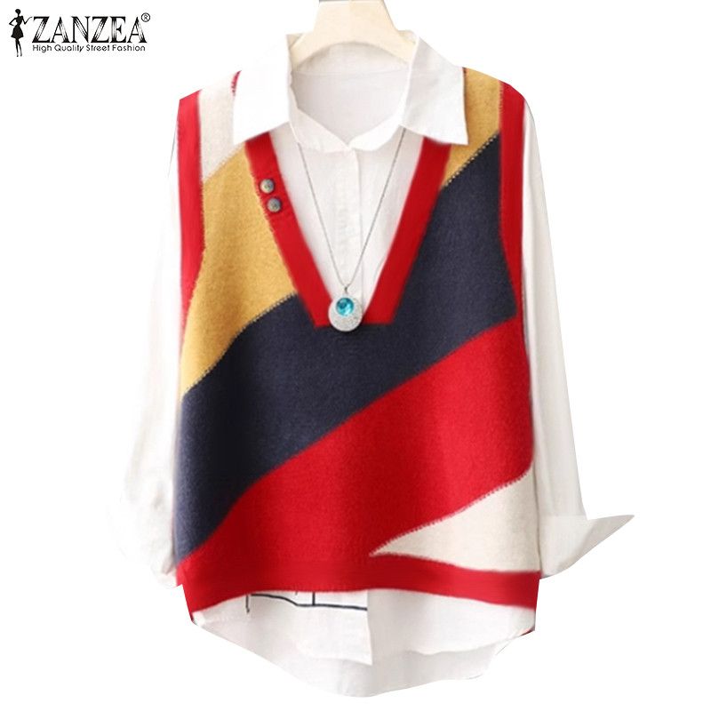 Zanzea ผู้หญิงเกาหลีลําลองคอวี Contrast แขนกุด Patchwork เสื้อกั๊กหลวม