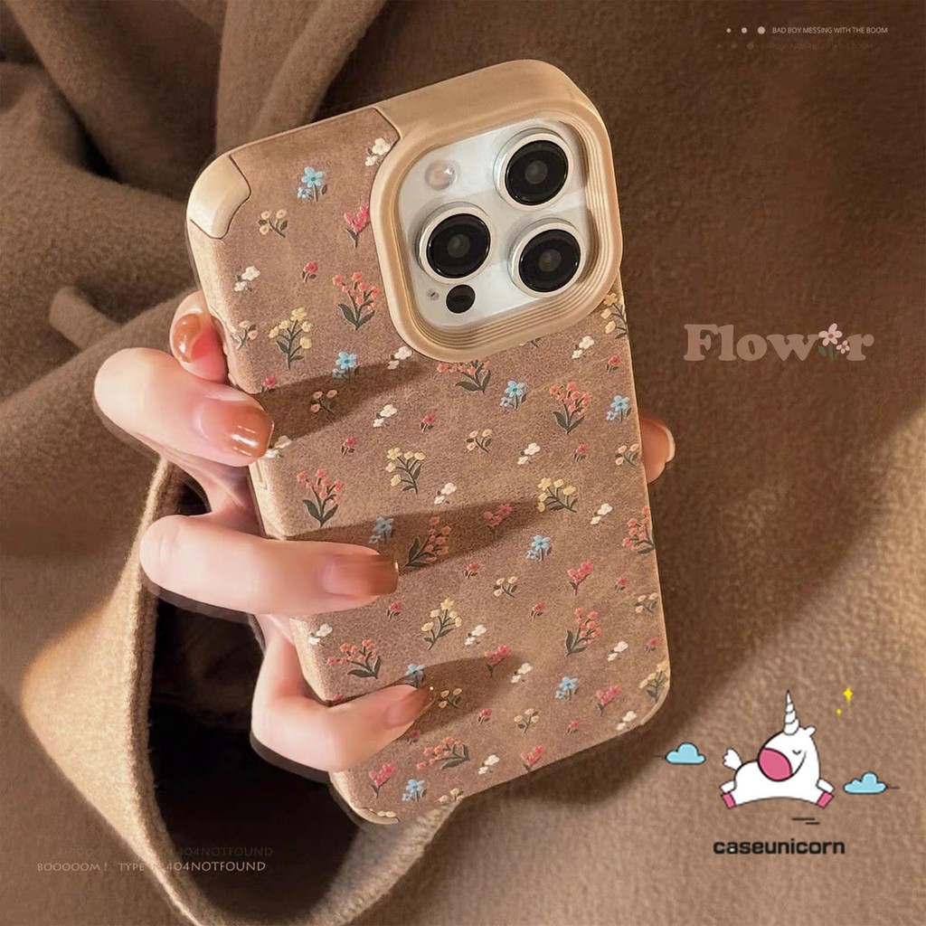 Vintage การ์ตูนดอกไม้ดอกไม้น่ารัก Roses สําหรับ IPhone 13 11 15 16 12 14 Pro Max 16 15 14 Plus 16 Pro Max 15 12 16 Pro หรูหราสีน้ําตาล Fluff หนังเนื้อนุ่มกรณี