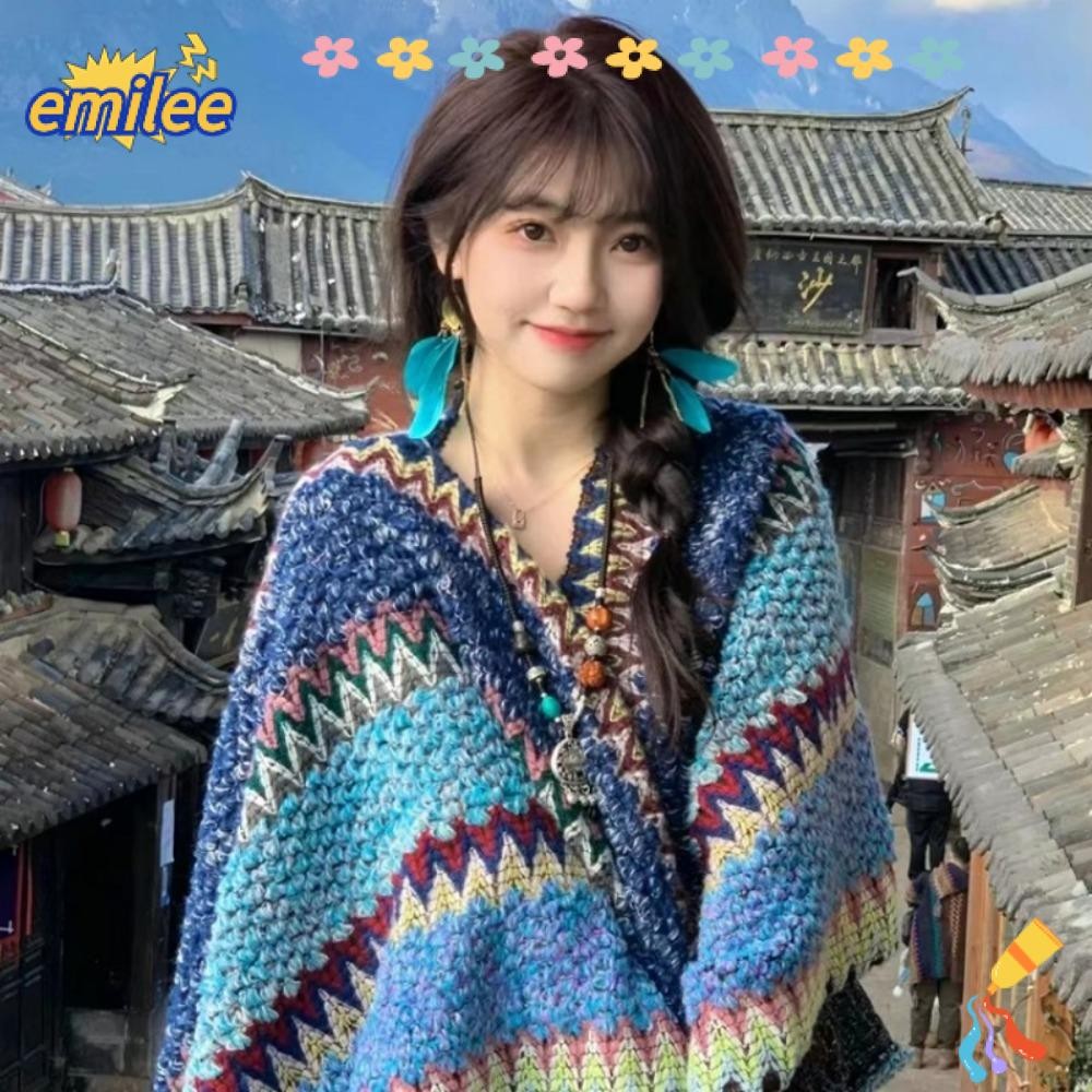 Emilee ผู้หญิงพู่ผ้าคลุมไหล่,สไตล์โบฮีเมียนสไตล์ชาติพันธุ์ถัก Cape, Coat ผ้าพันคอ Retro Splicing Rhombic Stripe มองโกเลียการท่องเที่ยว
