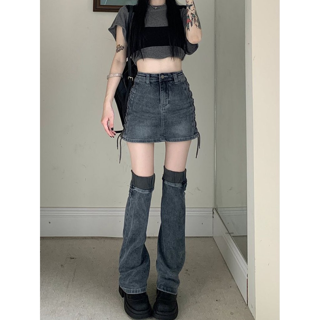 Hot Girl+Sock Set Hip Design Women’s Skirt Split Calf Denim Skirt High Waist Leg Warmer Two-in-One Drawstring a Words