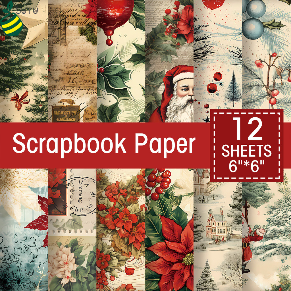 12 แผ่น Retro Christmasสมุดภาพชุดกระดาษ,Holly Santa Xmas ออกแบบตกแต่งหัตถกรรมกระดาษสําหรับ Junk Journaling DIY การ์ดอวยพร