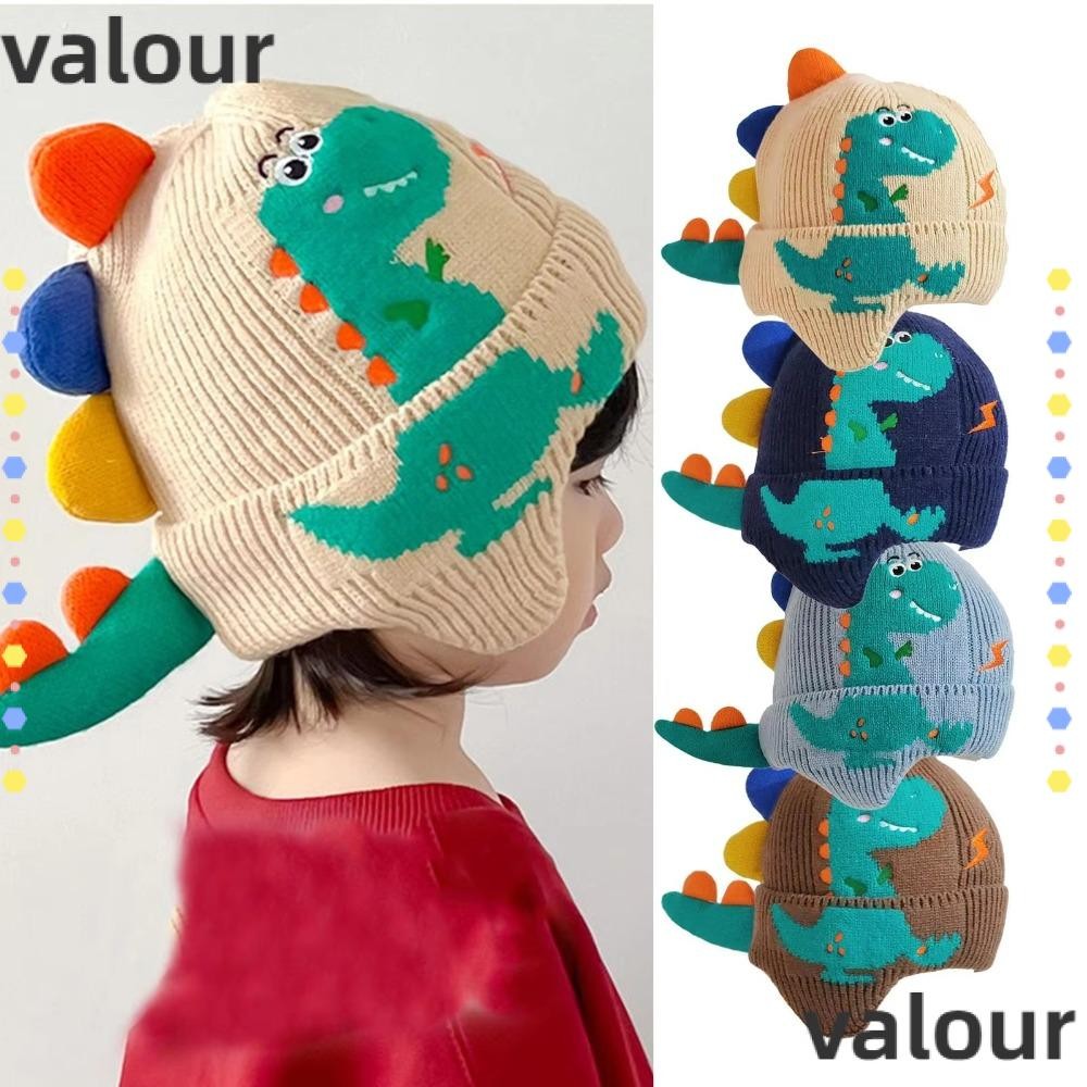 หมวกถักนิตติ้ง VALOUR, หมวกปิดหูกันหนาวสําหรับเด็กที่อบอุ่นกันลม, หมวกไหมพรมถักไดโนเสาร์การ์ตูน