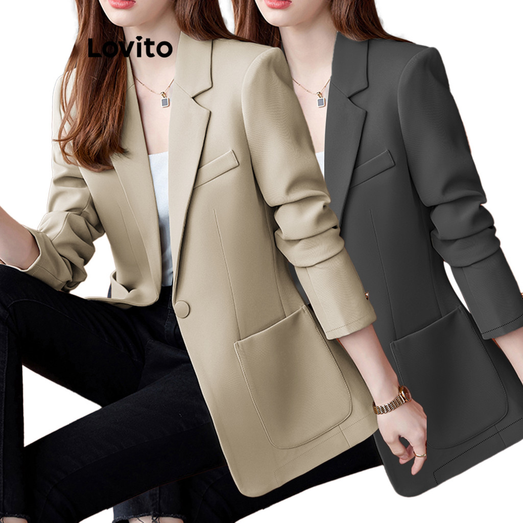 Lovito เสื้อเบลเซอร์ กระดุมหน้า สีพื้น สไตล์สง่า สำหรับผู้หญิง LNE21205 (หลากสี)