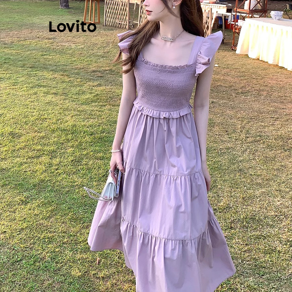 Lovito ชุดเดรสผูกโบว์หลัง แต่งสม็อค สีพื้น สำหรับผู้หญิง LNL38063 (สีม่วง)