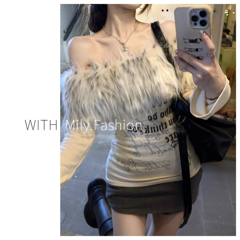 Milyfashion เสื้อทีเชิ้ตแขนยาวเปิดไหล่แบบถอดได้ขนสไตล์เกาหลีสำหรับผู้หญิงเสื้อตัวในพิมพ์ลายย้อนยุครัดรูปใส่แล้วดูผอมสำหรับฤดูใบไม้ร่วงและฤดูหนาว