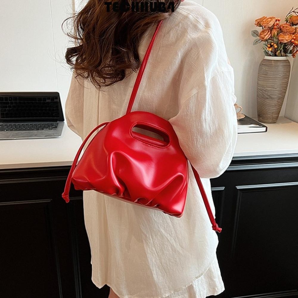Techhub4 กระเป๋าถือจีบ, หนัง PU กระเป๋าสะพายข้าง Cloud Pouch, อารมณ์สไตล์เกาหลีสีทึบกันน้ําเกี๊ยว Tote Bag Travel