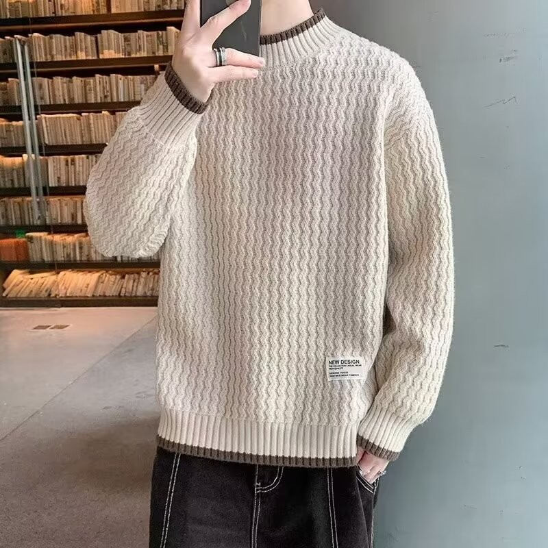 New autumn men's semi-turtleneck wavy striped micro-elastic warm ribbed sleeve knitted sweater