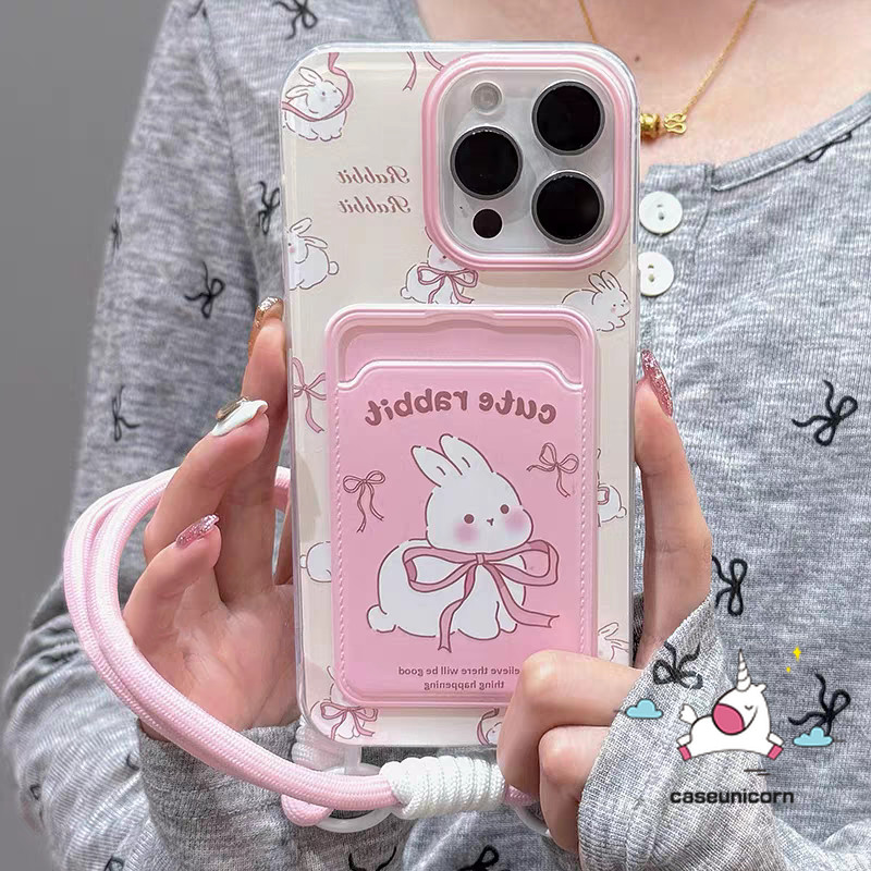 อินเทรนด์กระต่ายน่ารักการ์ตูนโบว์กระต่ายสร้างสรรค์สําหรับ IPhone 13 15 14 11 16 12 Pro Max 7Plus XR 8 7 16 6 15 6s Plus XS Max X SE2020 Luxury กระเป๋าสตางค์ช่องใส่การ์ดกรณี