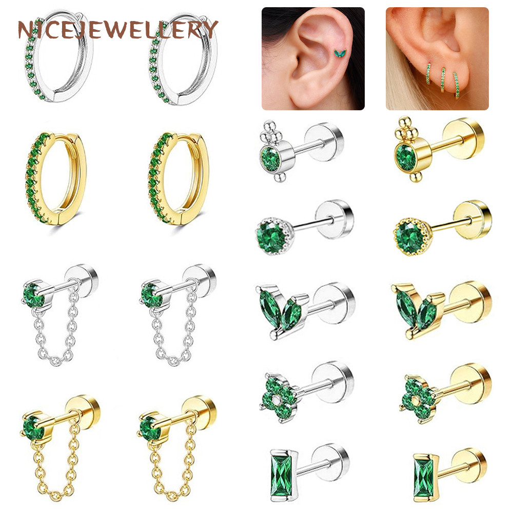 1 PC สีเขียว Cubic Zircon Ear Stud สแตนเลสสตีล Hoop ต่างหู 20G กระดูกอ่อน Tragus เจาะ