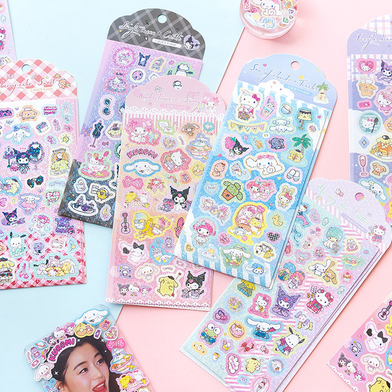 SANRIO 2แผ่นซานริโอเลเซอร์สติ๊กเกอร์การ์ตูนน่ารักสติ๊กเกอร์diyสมุดภาพของขวัญตกแต่ง
