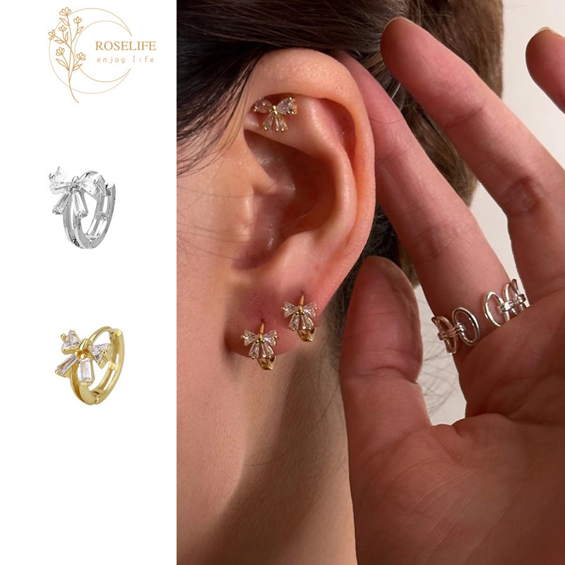 Roselife 1 คู่คลาสสิก 14K Gold คริสตัลริบบิ้น Bow Hoop ต่างหูสําหรับผู้หญิงสาว Hypoallergenic รอบหูเครื่องประดับอุปกรณ์เสริม