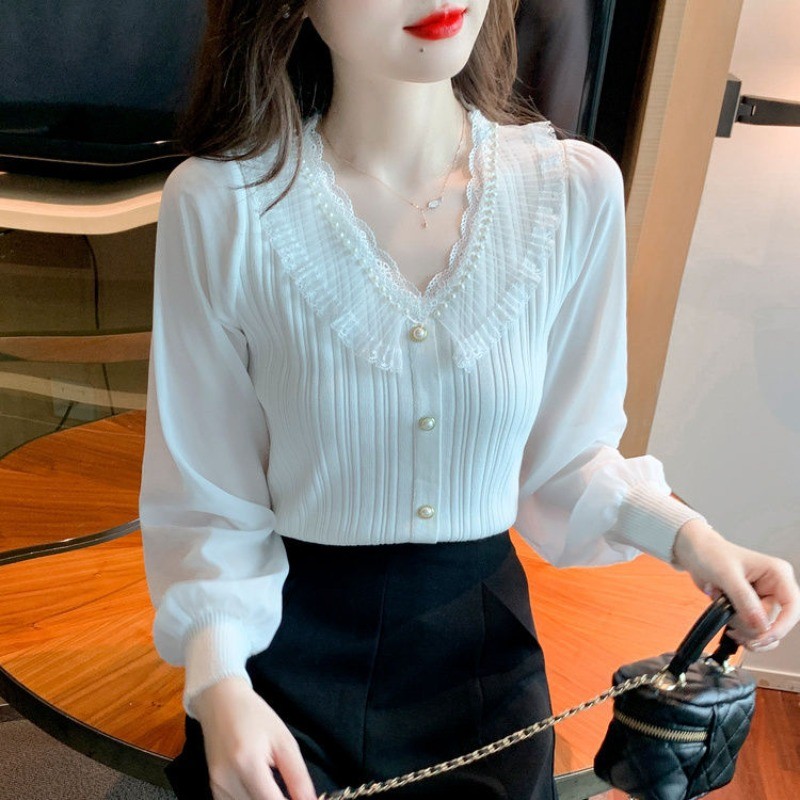COCO~เวอร์ชั่นเกาหลี ไข่มุก ประกบ แขนยาว เสื้อเชิ้ต สไตล์ใหม่ แฟชั่น