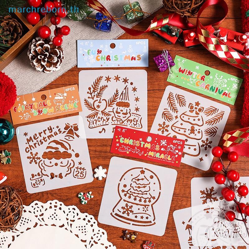 # 2024 คริสต์มาส # 6 ชิ้นคริสต์มาสตกแต่งรูปแบบ Hollow/มือ Paing DIY Scratch Paing Template Journal Paing Drawing Tool.
