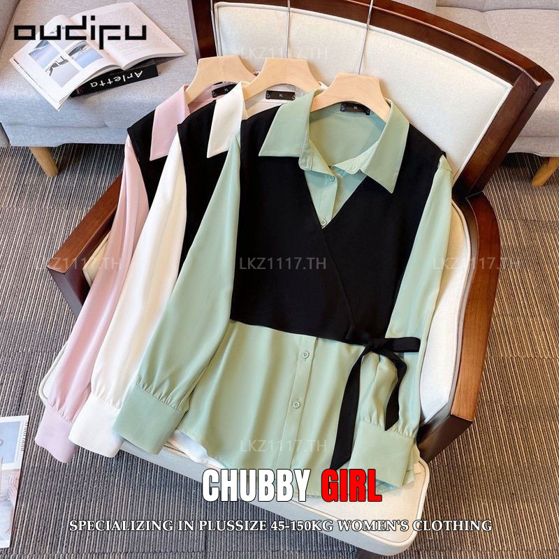 Plus size Shirt เสื้อสาวอวบอ้วน ไซส์ใหญ่ ผู้หญิง เสื้อสาวอวบ ทรงหลวม แขนยาว คอปก ฤดูใบไม้ผลิ สไตล์เกาหลีแฟชั่น