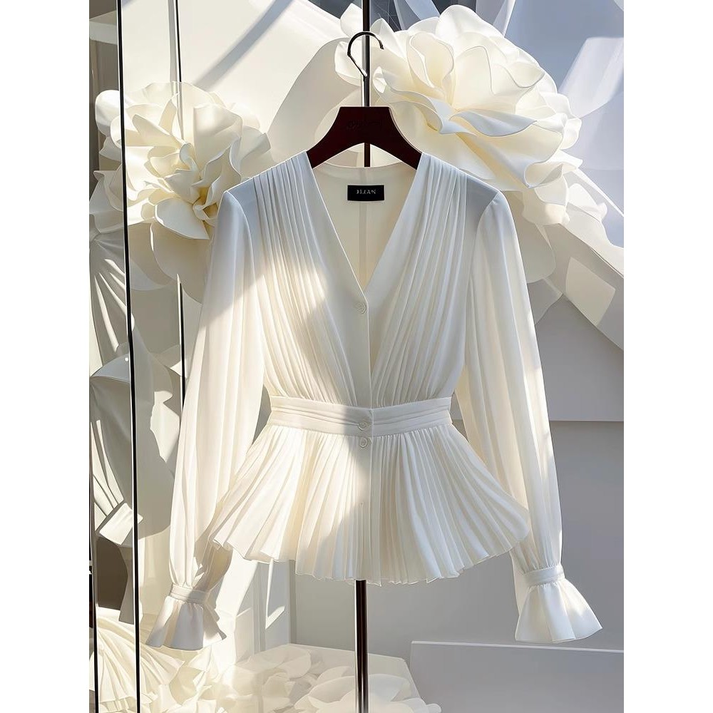 ฤดูใบไม้ร่วงต้นฤดูใบไม้ร่วงอารมณ์ V คอยาวแขนยาว light และฤดูใบไม้ร่วงเอวสูง V แขนสั้นเสื้อรถขนาดเล็กกันน้ําหรูหรา