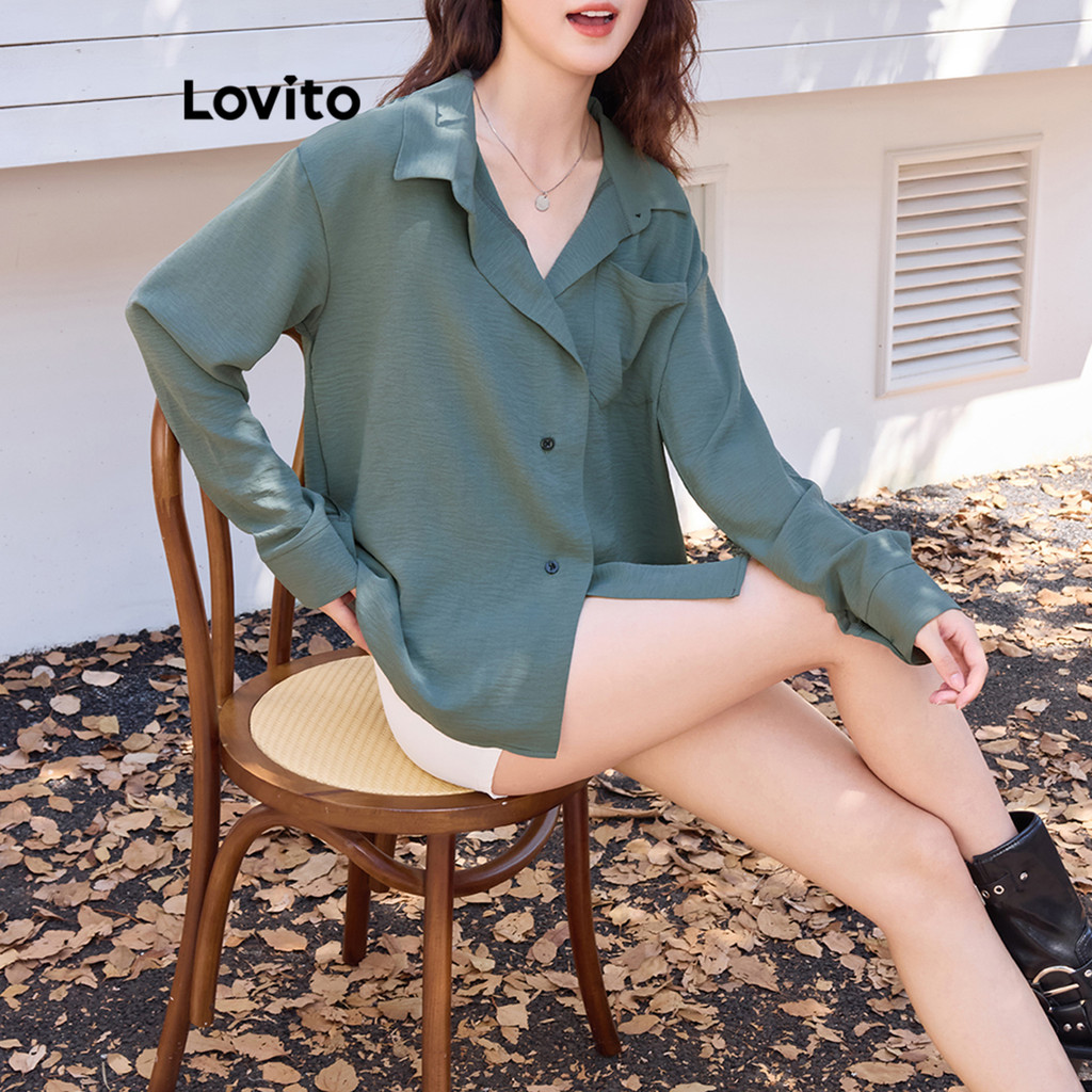 Lovito เสื้อเบลาส์กระดุมหน้าเรียบหรูสำหรับผู้หญิง L106AD093