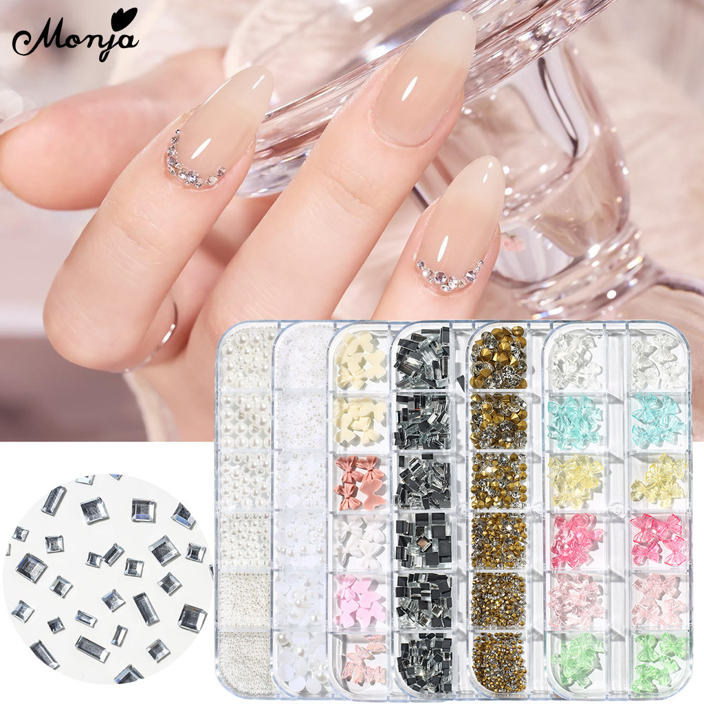 Monja 12/Grids 3D เล็บ Rhinestones คละไซส์ Pearl Aurora ผีเสื้อ Bownot เพชรเครื่องประดับตกแต่ง เล็บ