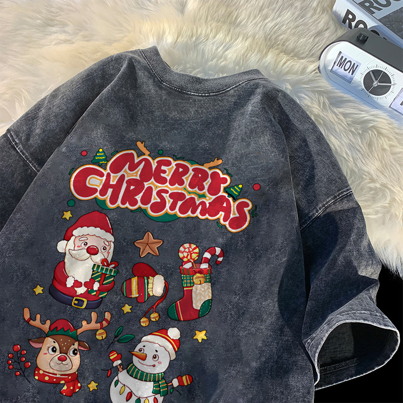 เสื้อ christmas Qkoole เสื้อยืดผ้าฟอก oversize ผ้าคอตตอน100% สไตส์อเมริกา L000106