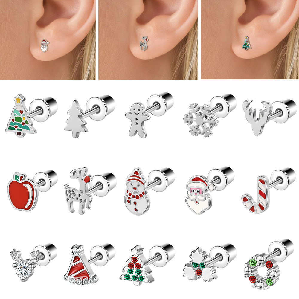 1 PC 20G คริสต์มาสหูเจาะ 20G สแตนเลสสตีลต่างหูคริสตัล Apple Pine Snowflake Conch กระดูกอ่อนเจาะต่างหูเงินสีแดงสีเขียว