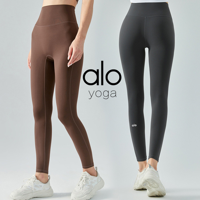 Alo yoga Nude กางเกงโยคะหน้าท้องเอวสูงสองด้านแปรงพีชยกสะโพกวิ่งกีฬา T