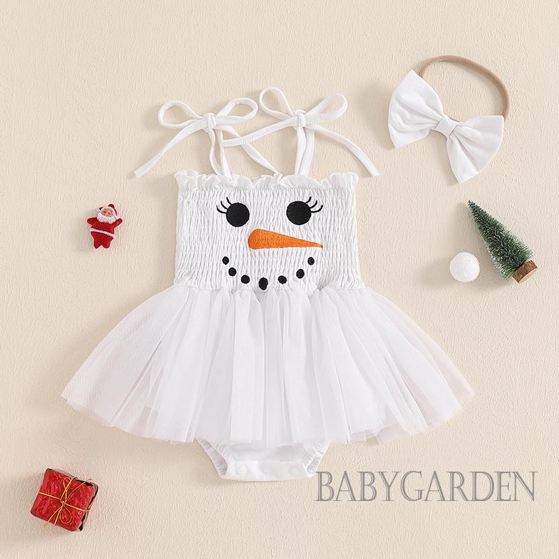 //-เด็กทารกคริสต์มาสสีขาวแขนกุด Tulle Patchwork Snowman Romper Dress พร้อมแถบคาดศีรษะ