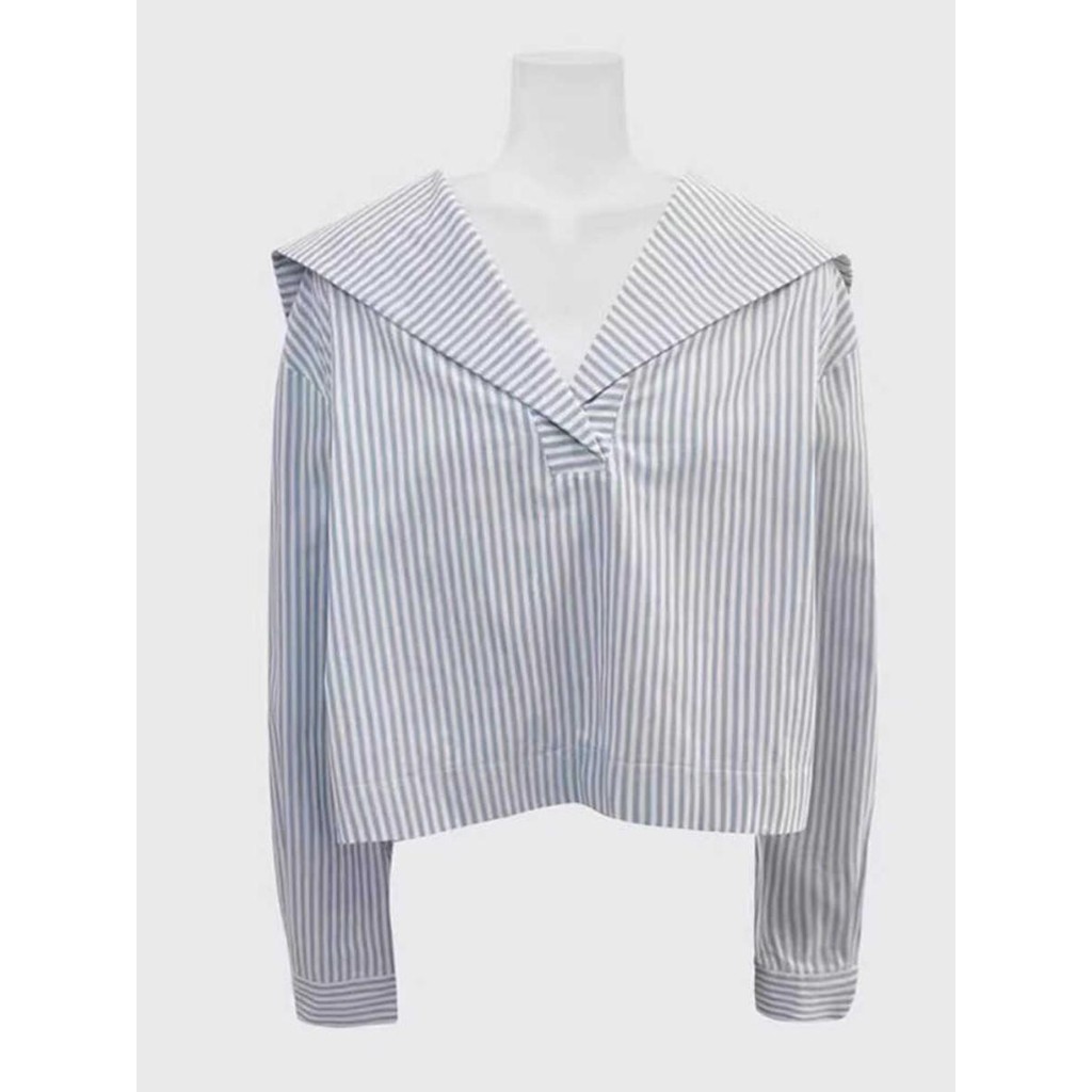 KOKO#เสื้อเชิ้ตคอปกสีกรมท่าแขนยาวลายทาง สไตล์วิทยาลัย คอวี เสื้อครอปทรงหลวม #w519 - รูปที่ 7