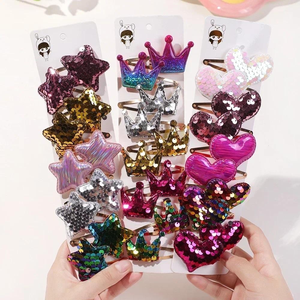 10 ชิ้น/เซ็ตเลื่อมการ์ตูน Love Heart Crown กิ๊บติดผมสําหรับสาว Handmade Boutique Hairpins คลิปเด็กอุปกรณ์เสริมผม
