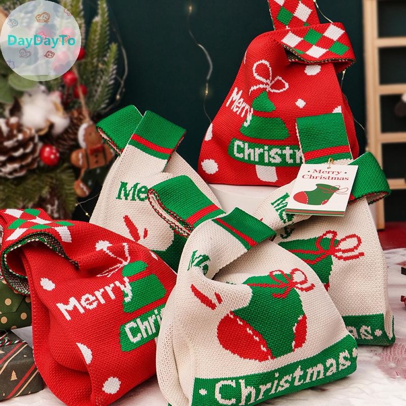 Daydayto Merry Christmas ถักกระเป๋าถือ Mini Knot ข้อมือกระเป๋าหญิง Tote กระเป๋านํากลับมาใช้ใหม่กระเป๋าช้อปปิ้งปีใหม่ Xmas ของขวัญกระเป๋า TH